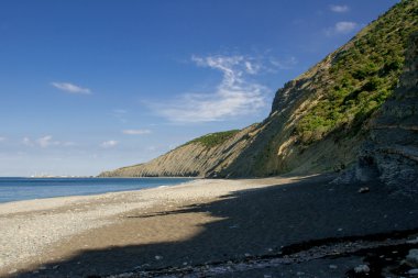 plaj, dağlar, deniz, gökyüzü