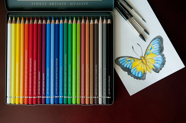 Sada barevných akvarelu tužky, štětce pro malování a dra — Stock fotografie