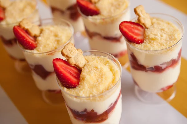 Beautiful Panna Cotta with strawberry and cookies bear — Stock Photo, Image