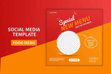 Yaratıcı premium yemek menüsü restoran sosyal medya şablon tasarımı. İnternet afişi tanıtımı. online reklam tanıtım tasarım vektörü