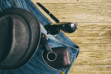 Ahşap arka plan, üstten görünüm, vintage renk Giyim Aksesuarları