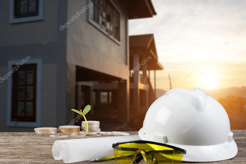 Business Growing  file of safety helmet and architect plant