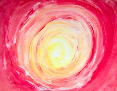 Kırmızı girdap çiziliyor. Suluboya renkli soyut bir arkaplan. Güneş deliği