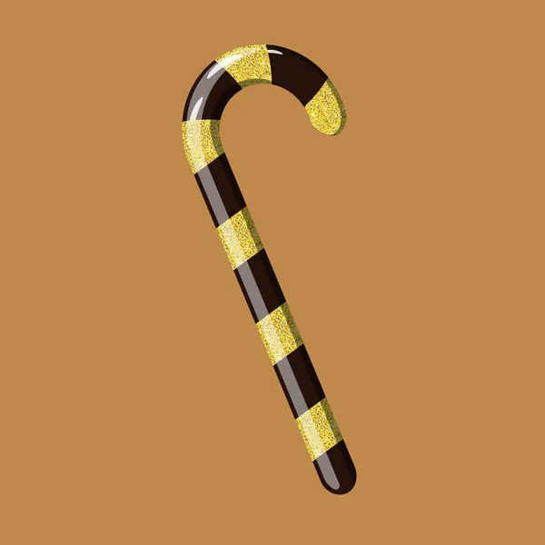 Şekerin vektör çizimi. Yeni yılın parlak çizgili lolipop lolipopu çubuk şeklinde. Parlak altın ve çikolata şekeri.