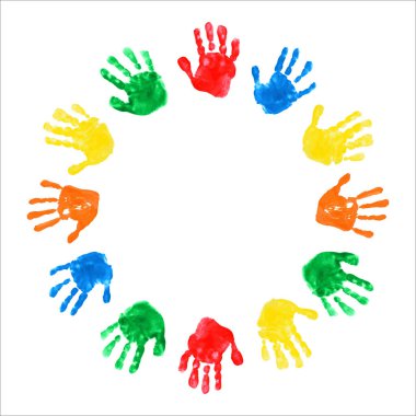 Vektör çocuk el izi çemberi. Beyaz arka plandaki çocuk avuçlarının vektör çizimi. Uluslararası Çocuk Günü