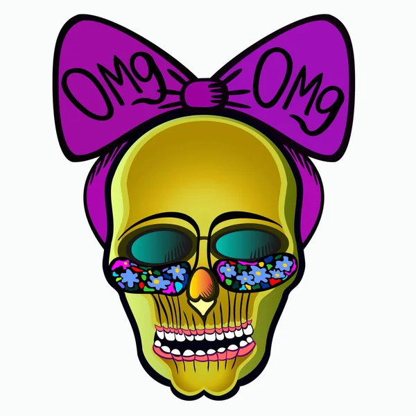 Pembe saç bandı ve yamalar içinde güzel bir kadın kafatası..