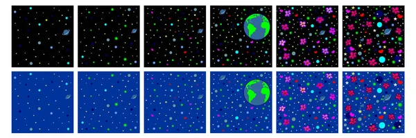 Yıldızlar, gezegenler, kalpler ve çiçekler ve hatta koronavirüsler ile kozmik arkaplan.