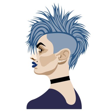 Vector isolated illustration of young woman with blue mohawk with dark-blue lips wearing black choker. clipart