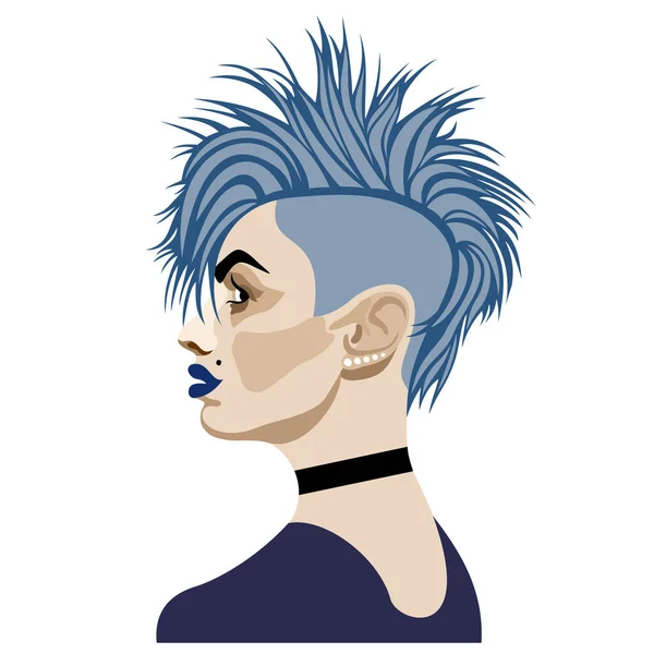 黒チョーカーを身に着けているダークブルーの唇と青モホークを持つ若い女性のベクトル絶縁イラスト — ストックベクタ