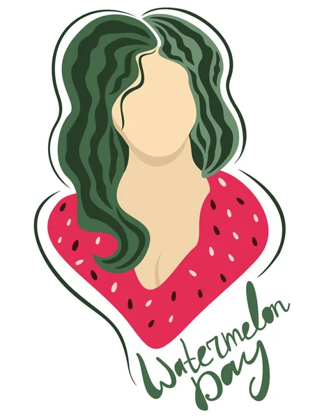 Yeşil saçlı, kırmızı kalp şeklinde elbisesi olan, karpuzu sembolize eden genç bir kadının vektör çizimi. Ulusal Karpuz Günü. Harfleri içerir.