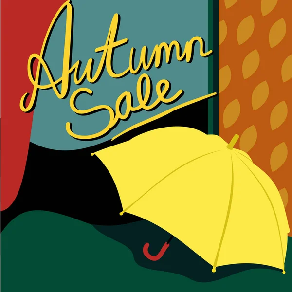 Harfli ve sarı şemsiyeli vektör çizimi. Sonbahar indirimi. Renkli illüstrasyon. Sarı, yeşil, turuncu, siyah. Arkaplanda soyut sonbahar yaprakları.