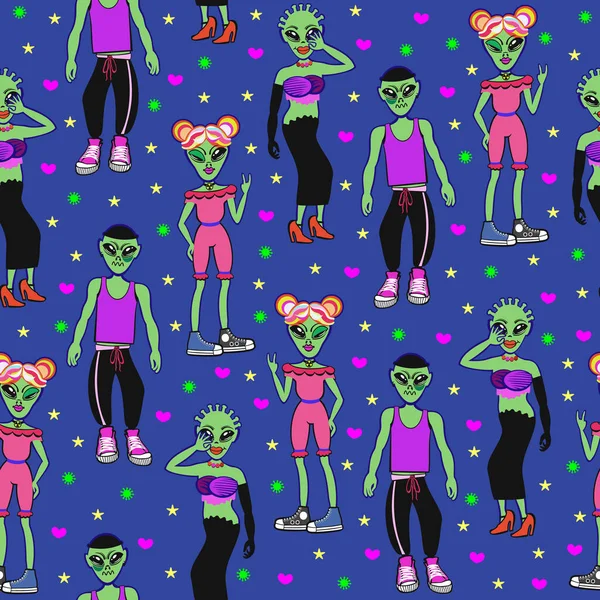 Vector seamless pattern with aliens, hearts and stars on dark-blue background.