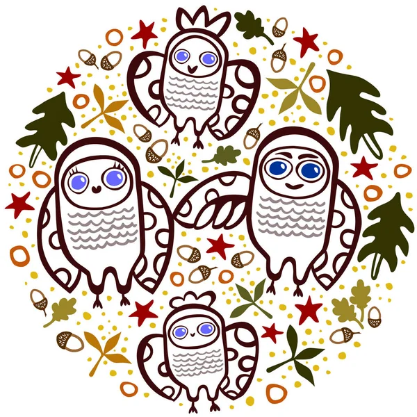 Vector isolated doodle, associated with forest life in autumn, including images of owls, dry leaves, stars, spots and acorns. Funny childish sketch.