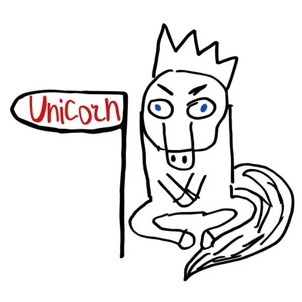 Vektör mohawk 'lı tek boynuzlu atın karalamalarını izole etti. Bayrağın yanında onun adıyla oturuyordu. Siyah özet. Kırmızı harfler. Mavi gözler.