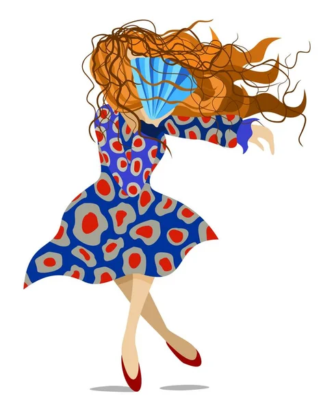 青のファンと若い赤髪の女性は 美しいカラフルなドレスで踊る ベクトル分離図 動きと表現 明るい色 — ストックベクタ