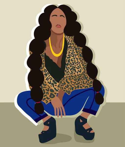 Vektorový Portrét Africké Dívky Dlouhými Vlasy Jak Dřepí Plochý Neutrální — Stockový vektor