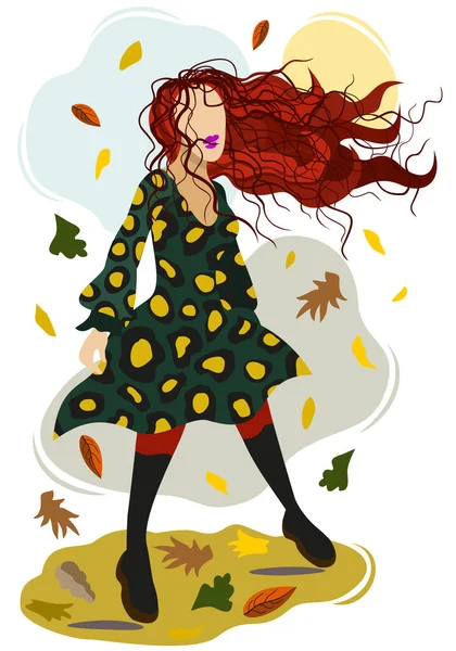 秋の葉の間に風の強い日に屋外を歩く若い髪の女性のベクトル分離イラスト — ストックベクタ