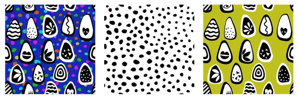 Tek renkli armutlarla renklendirilmiş, polka noktalarıyla renklendirilmiş, soyut, dikdörtgen desenli vektör. Üç kare desen.