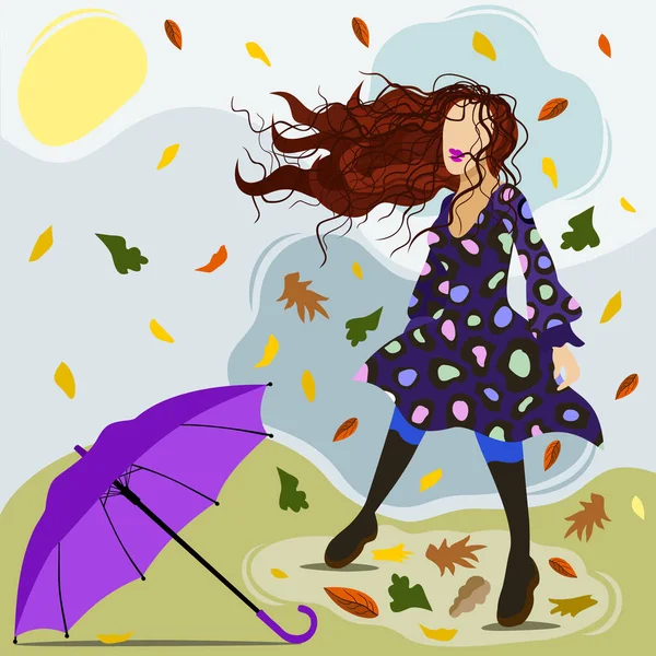 Vector Isolated Illustration Young Long Haired Woman Walking Outdoors Windy — Stock Vector