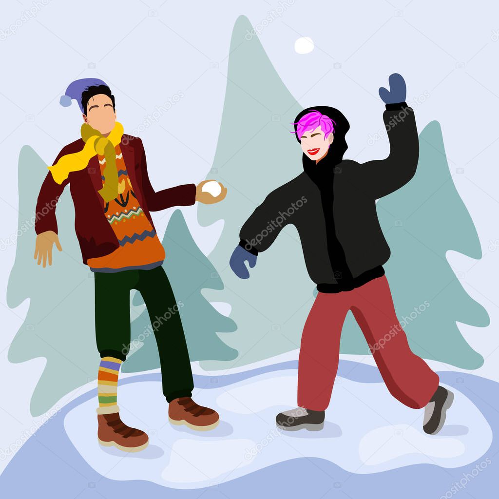 Vector illustration of young man and girl playing snowballs in winter forest.