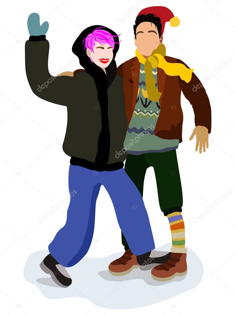 Young guy and girl embracing. Winter, snowy weather, they are wearing warm winter clothes. The girl waves her hand.