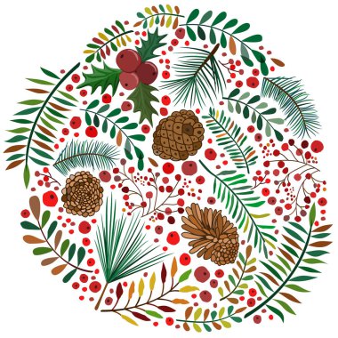 Sonbahar, parlak renkli yapraklar, böğürtlenler ve koniler şeklinde bir daire çizer. Sonbaharın son renkleri.