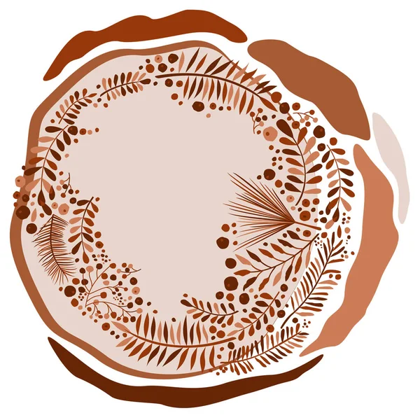 Yapraklar, dallar ve böğürtlenlerle boho renklerinde izole edilmiş vektör çerçevesi. 