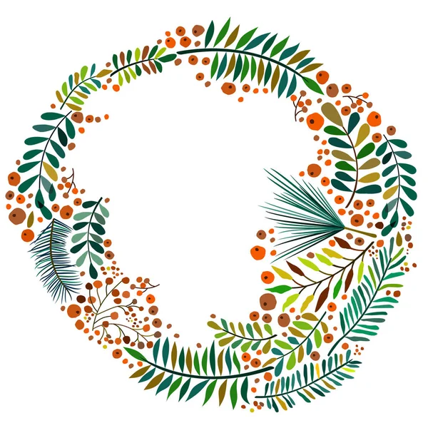 Beyaz arka planda yaprakları ve meyveleri olan sonbahar renkli yuvarlak çerçeve.
