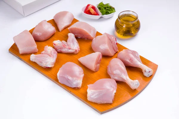 Raw Chicken Tender Curry Cut Skin Arranged Wooden Board Garnished — Stock Photo, Image