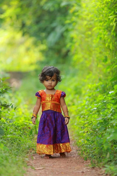 Sul Índia Bonito Menina Garoto Vestindo Belo Vestido Tradicional Saia — Fotografia de Stock