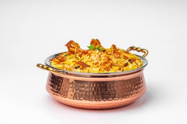 Chicken biryani , kerala style chicken dhum biriyani made using jeera rice and spices arranged in a brass serving bowl  with white background, isolated clipart