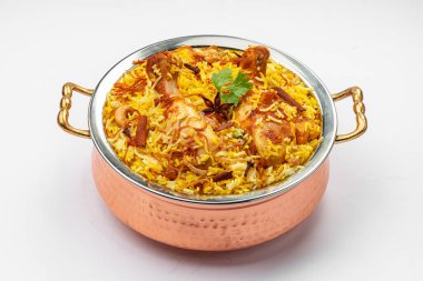 Chicken biryani , kerala style chicken dhum biriyani made using jeera rice and spices arranged in a brass serving bowl  with white background, isolated clipart