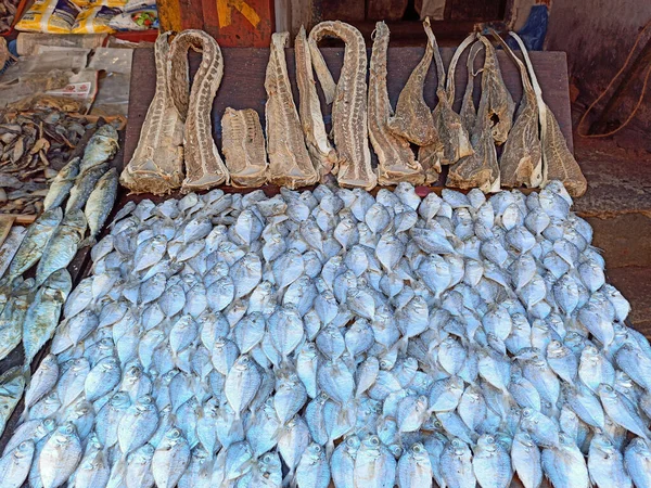 Dried Fish, varieties of dried fish in market arranged in baskets,selective focus.