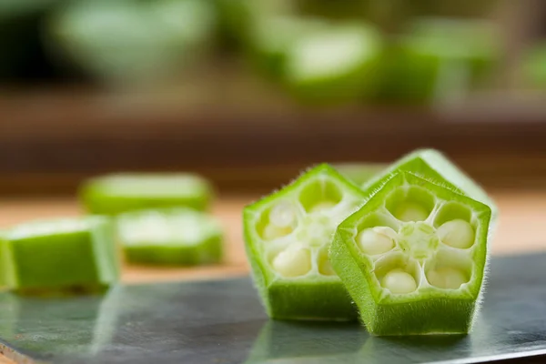 Okra Doigt Dame Bhindi Image Rapprochée Anneaux Tranchés Légumes Verts — Photo