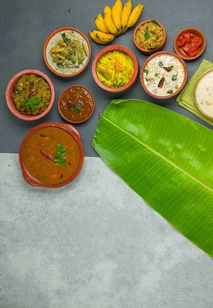 Kerala Traditional Feast Side Dishes Arranged Two Colour Background — Stock Photo, Image