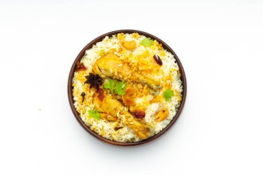 Chicken biryani , kerala style chicken dhum biriyani made using jeera rice and spices arranged in a wooden  tableware with white background, isolated and topview clipart