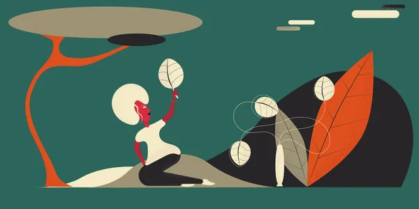 Bir kadın doğada bir ağacın altında dinlenir.