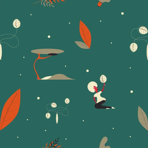 Yeşil arka planda bir kadının ve bitki elementlerinin kusursuz deseni