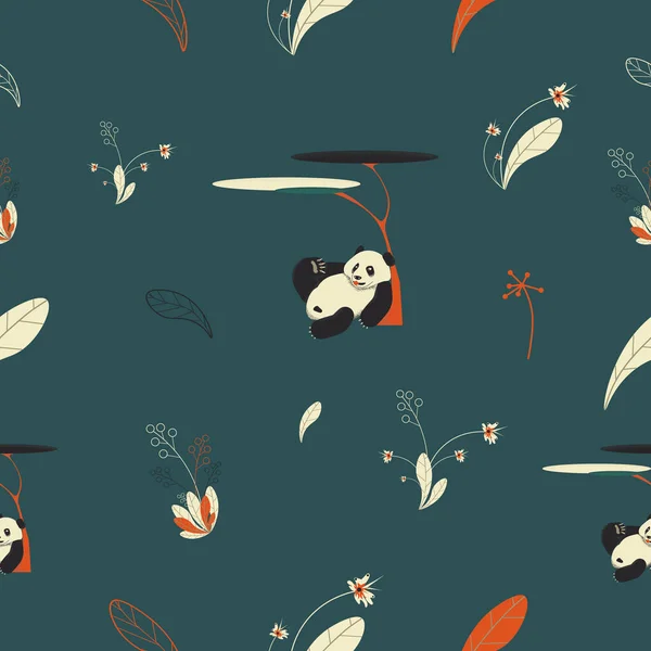 Çiçekli yeşil bir arka planda kusursuz panda deseni