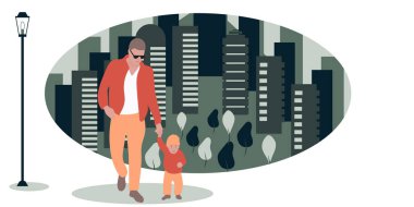 father and son walking around the city