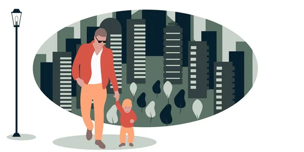 father and son walking around the city