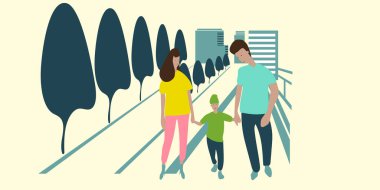 mom dad and son walk around the city