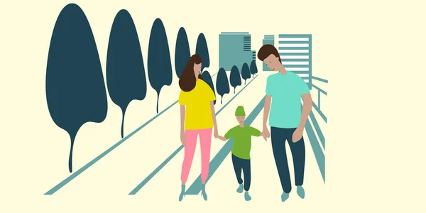 mom dad and son walk around the city