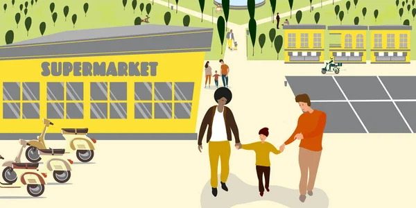 parents walk with their children near the supermarket and in the park