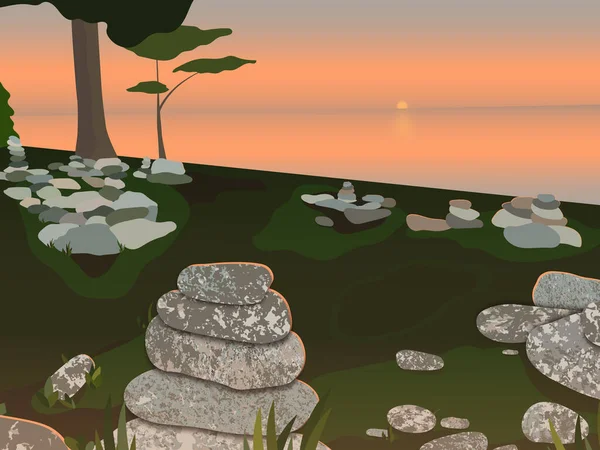 Gün batımında deniz kenarındaki kayalık bahçe