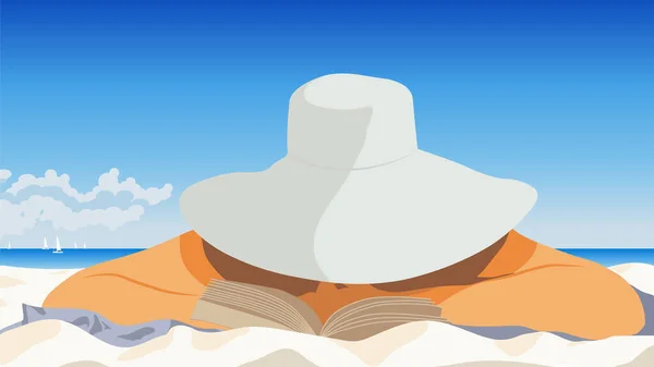 Plajda kitap okuyan bir bayan.