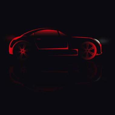 Siyah arka planda parlak kırmızı bir arabanın silüeti.