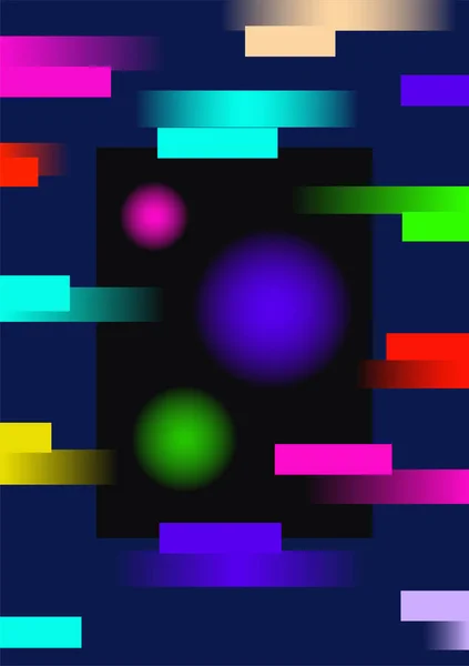 Renkli kurdeleler ve daireler. Karanlık bir arka planda modern gradyan posteri. Parlak, perspektif geometrik şekilli bir şablon. Vektör.