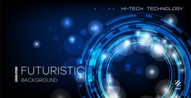 Soyut teknolojik altyapı. Mavi arka planda yüksek bilgisayar ve iletişim teknolojilerinin gelecekteki illüstrasyonu. Yüksek teknoloji dijital teknoloji, küresel sosyal medya kavramı. Vektör.