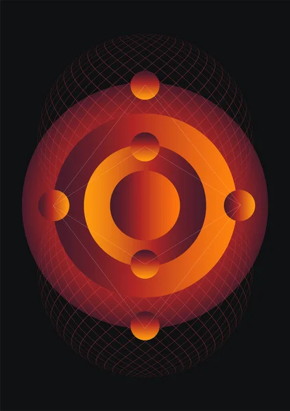 Soyut gezegen bilgi grafikleri, siyah arkaplandaki grafikler. Ezoterik semboller, taklit gezegenler. Vektör.